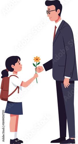 Child giving flower to man in business suit with glasses emotional gesture vector illustration