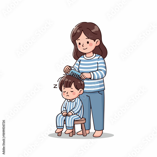 Cute Handdrawn Mother Combing Sleepy Son Hair at Home Illustration