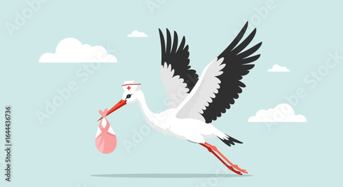 Stork wearing a nurse hat delivering a baby in a bundle flying through the sky delivering happy news in the sky