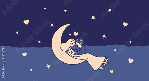 Romantic illustration of a couple sitting on a moon under a starry sky conveys love and dreams