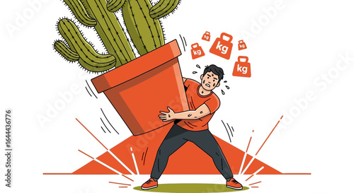Struggling with weight: A man carrying a heavy cactus plant pot with difficulty and strain