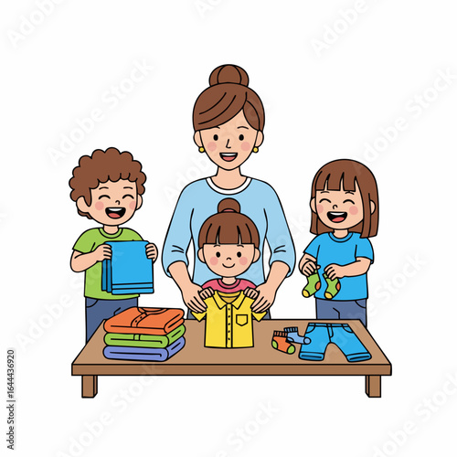 Colorful Cartoon Mother with Children Folding Clothes Domestic Activity Illustration