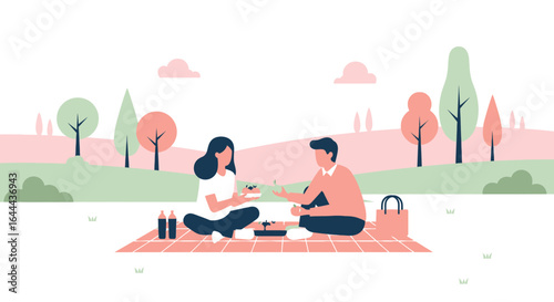 Romantic picnic illustration of a couple enjoying time together in a peaceful park setting