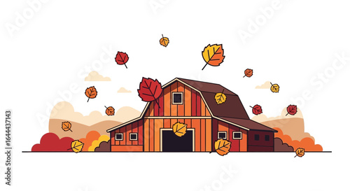 Rural autumn barn scene with falling leaves for seasonal illustrations and designs