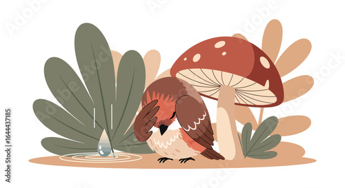 Sad bird with mushroom hiding from rain, flat vector illustration with forest plants and water droplets creates a whimsical scene