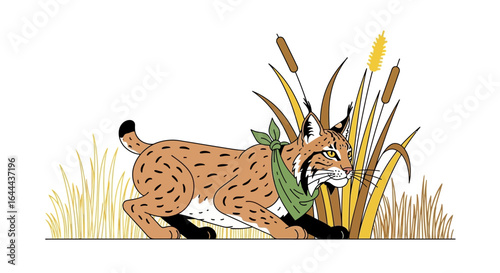 Stylized cartoon illustration of a lynx stalking through tall grass and cattails wearing a bandana