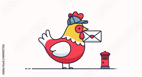 Stylized cartoon rooster wearing a cap delivering a love letter illustration minimal art style with a simple design and a vibrant color palette