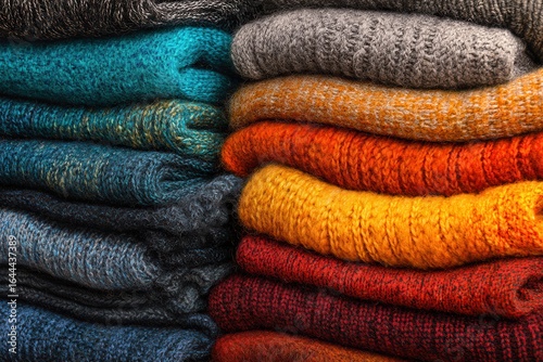 Colorful Pile of Soft Knit Sweaters in Various Warm and Cool Tones Perfect for Autumn and Winter Fashion