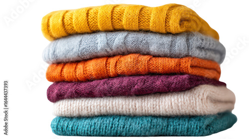 Stack of Cozy Folded Sweaters in Different Colors Fashion Apparel on Transparent Background