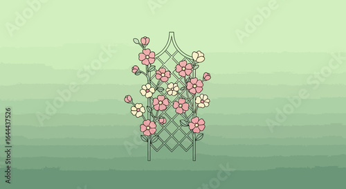 Stylized floral trellis illustration on a light green background with soft shading providing depth and focus