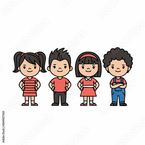 Cute Flat Style Diverse Group of Children Standing Illustration