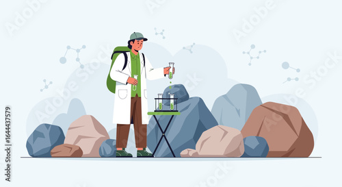 Scientist conducting research in nature, performing experiments with test tubes on rocks