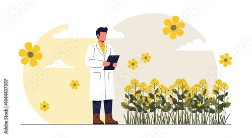 Scientist examines rapeseed field with clipboard, modern vector illustration
