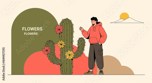 Stylized illustration featuring a man admiring blooming cactus with desert backdrop