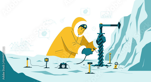 Scientist drilling ice core sample in arctic region for climate research illustration