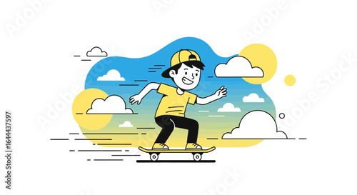 Stylized illustration of a boy skateboarding with a vibrant background and clouds