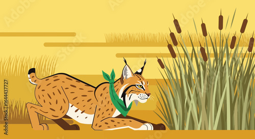 Stylized illustration of a Lynx in a natural habitat with green bandana design