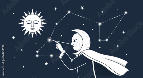 Stylized illustration of a moon character connecting stars with a wand conjuring up a constellation