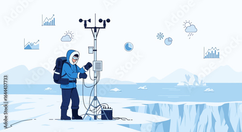 Scientist monitoring weather station in Antarctica exploring climate change effects and data analysis with advanced technology in arctic research