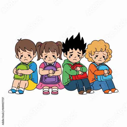 Cute Cartoon Illustration of Four Depressed Little Children Sitting Down