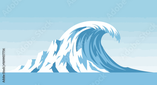 Stylized Illustration of a Powerful Ocean Wave Approaching a Rocky Shoreline