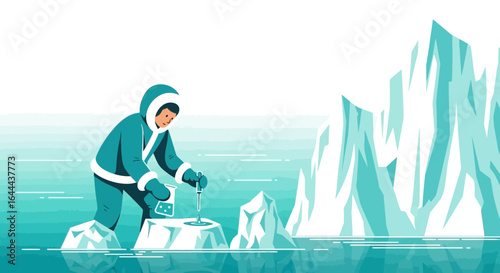 Scientist researching melting ice in the Arctic illustrating climate change impact in polar regions and the implications for global sea levels