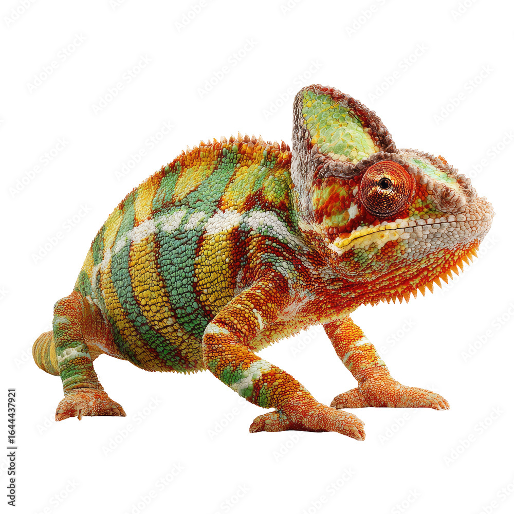 Obraz premium Colorful chameleon portrait, studio shot, black background, reptile display, zoology