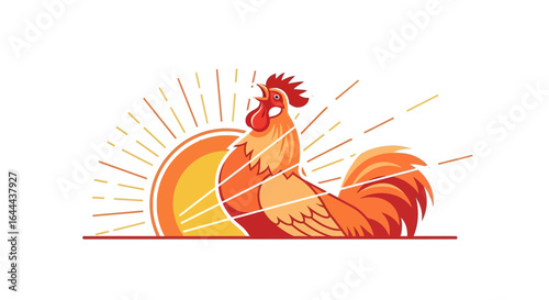 Stylized rooster crowing at sunrise illustration for farm or morning concept design