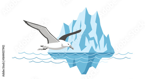 Seagull soars through frigid arctic waters, navigating iceberg-studded landscape, an illustration of nature's beauty and resilience