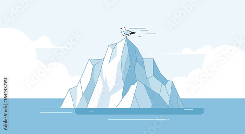 Seagull atop glacial mountain peak, minimalist illustration of winter ocean landscape, with cloud accents under blue sky