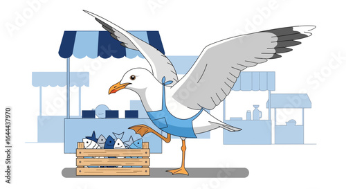 Seagull Vendor with Fish at the Market Illustration for Children's Storybook Pages