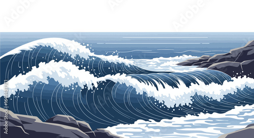 Stylized Seascape With Crashing Waves And Rocky Shoreline Illustration Design