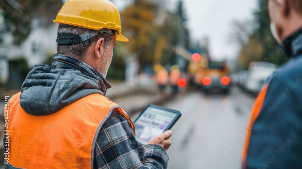 Obraz premium Everyone needs to be on the same page. Shot of a group of architects using a digital tablet at a building site.