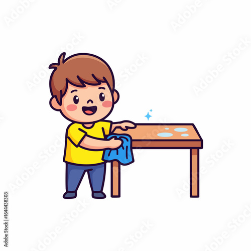 Cartoon Style Illustration of Young Boy Wiping a Table for Cleaning Task