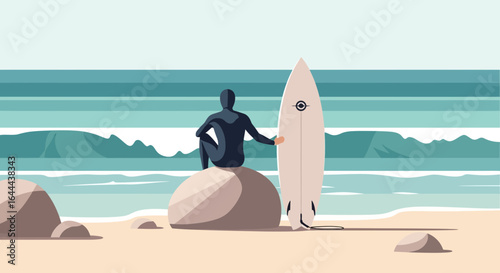 Serene beach scene with surfer resting on a rock alongside their surfboard enjoying the ocean