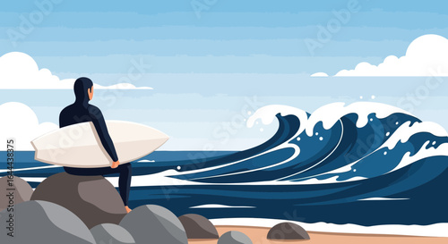 Surfer contemplates the waves, embracing the ocean's challenge and beauty vector illustration of a surfer sitting on rocks holding a surfboard