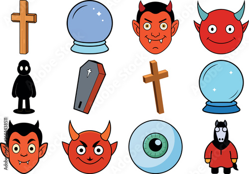 Collection of Halloween Icons and Elements on White Background