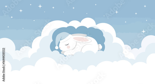 Sweet Dreams: Cartoon Rabbit Sleeping Peacefully on a Cloud with Starry Sky Backdrop