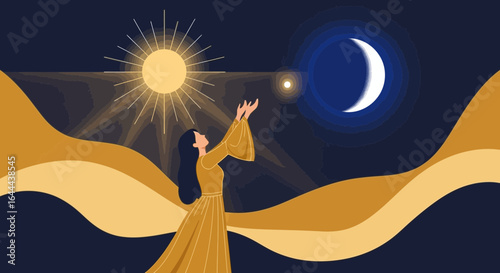 Serene illustration depicting a woman reaching towards the sun and moon in harmony with nature