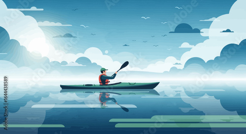 Serene Kayaking Adventure: A Solo Journey on Tranquil Waters Under a Cloudy Sky