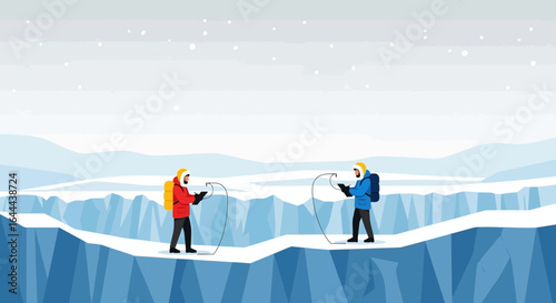 Teamwork in extreme conditions: Two climbers traversing a snowy glacier landscape with ropes