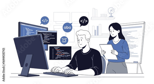 Teamwork in software development project with coder and designer creating codes