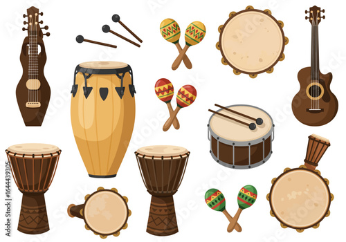 Collection of Latin American and African Percussion Instruments and Guitars.