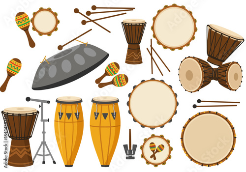 Collection of Percussion Instruments: Congas Djembes Bongos and More.