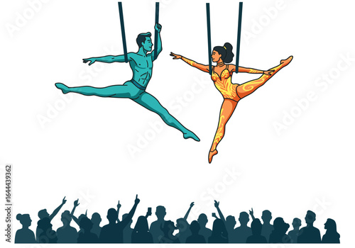 Aerial Duo Performing Acrobatic Feat Dynamic Pose.