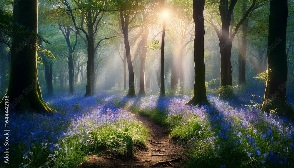 Naklejka premium a mystical forest scene where the ground is carpeted with bluebells and shafts of sunlight pierce through the dense canopy illuminating a hidden path that winds through the trees creating a sense o