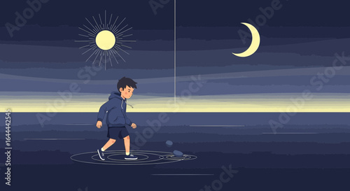 The duality of time: A young boy's journey between day and night illustration