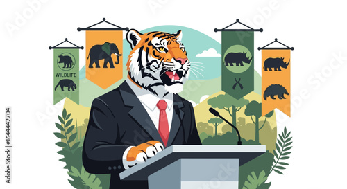 Tiger advocating for wildlife conservation at a formal podium representing endangered animals