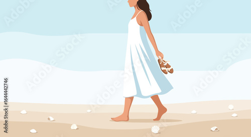 Woman in a white dress walking barefoot on a sandy beach holding sandals evoking relaxation and serenity