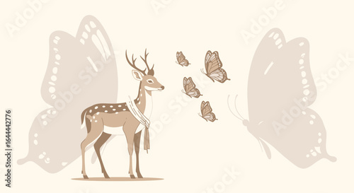 Whimsical Deer Illustration with Butterfly Accents and Pastel Color Palette